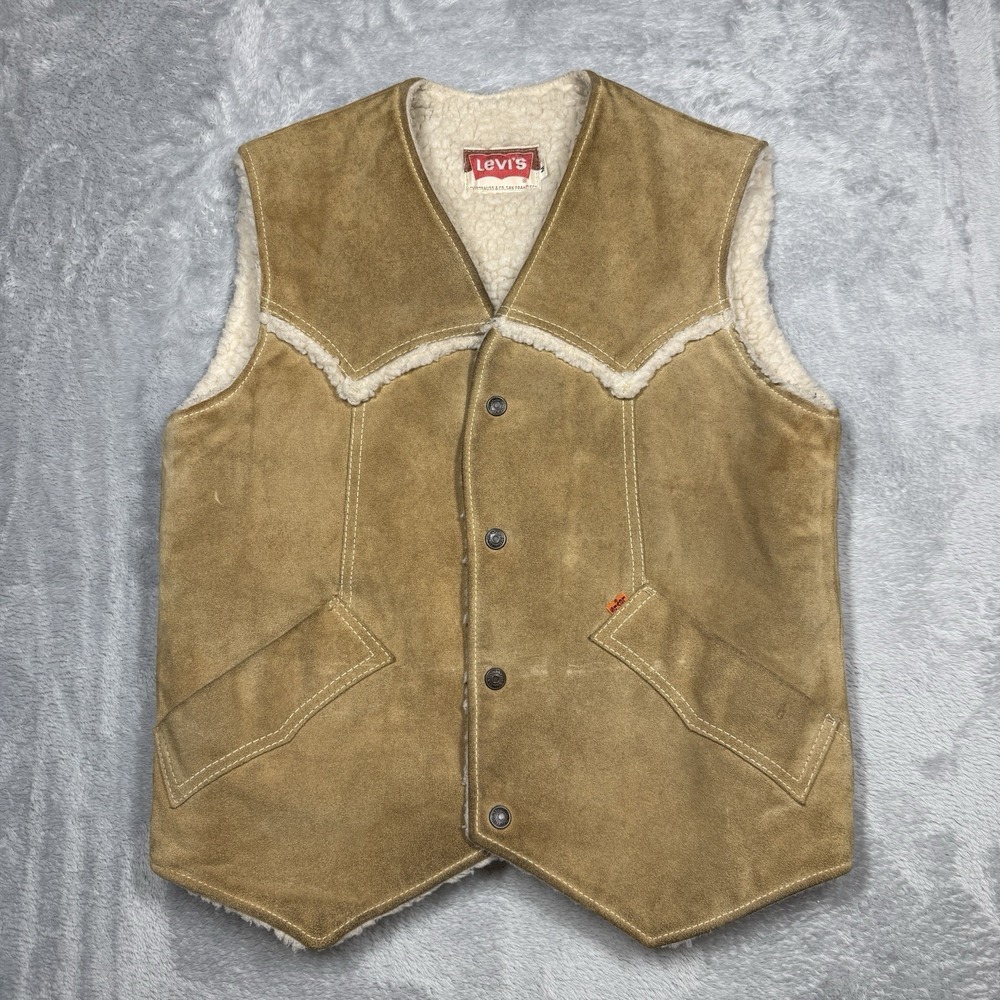 Vintage Levis Suede‎ Sherpa Vest Mens Medium Brown Snaps Western Leather Cowboy